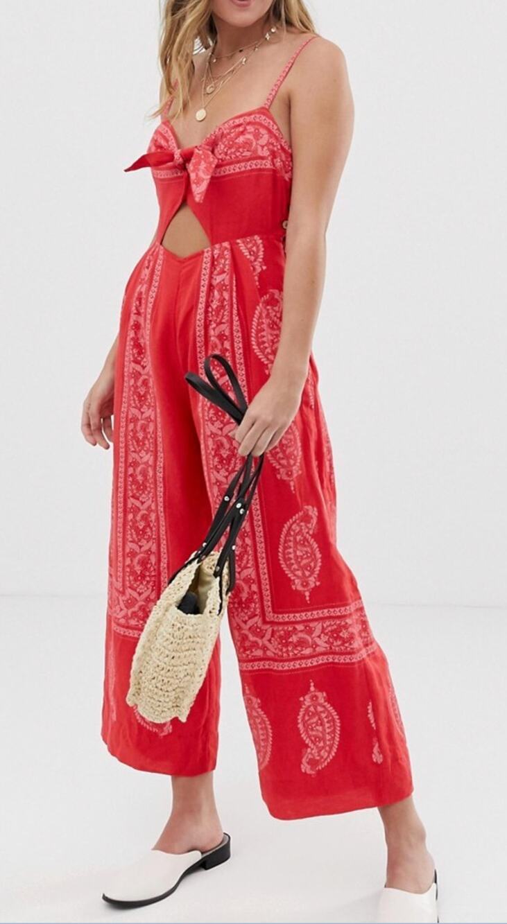 Free People Feel The Sun Wide Leg Paisley Bandana Print Jumpsuit Red Medium